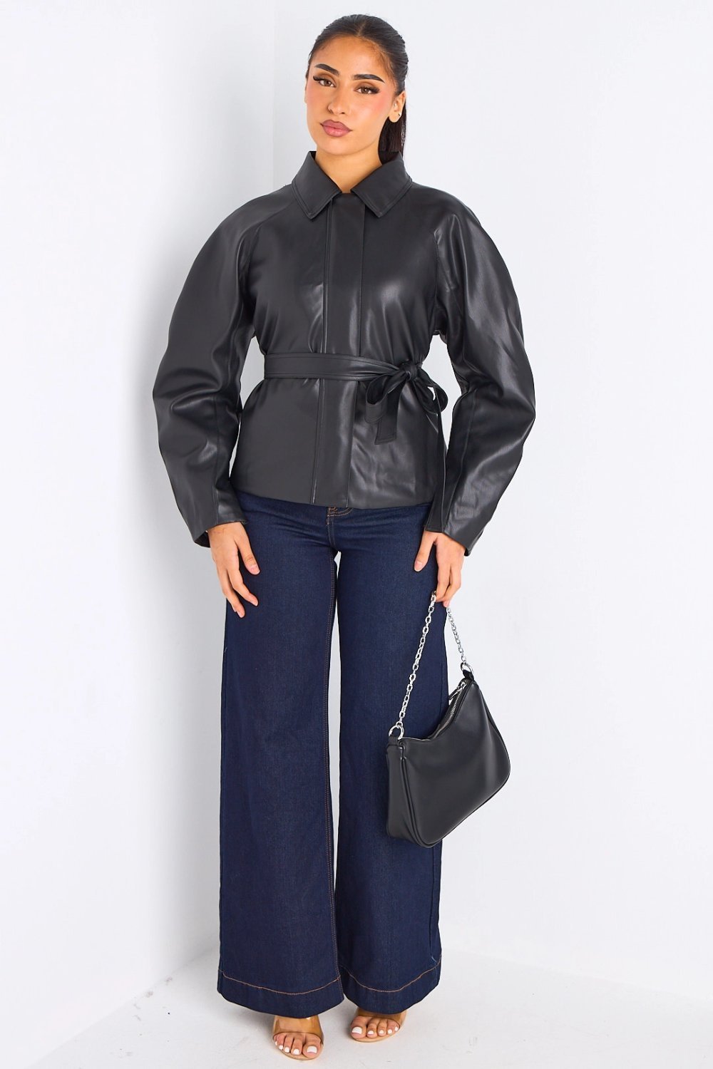Black belted faux leather jacket