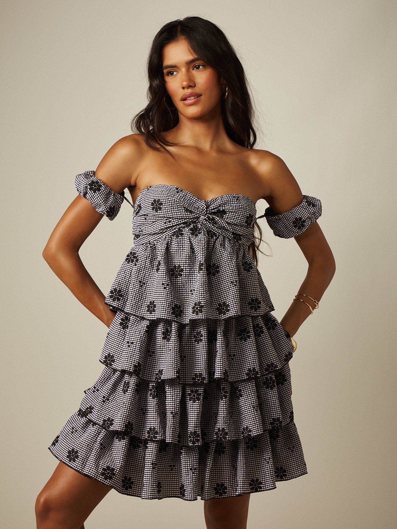 Tiered Ruffle Mini Dress With Floral Embroidery