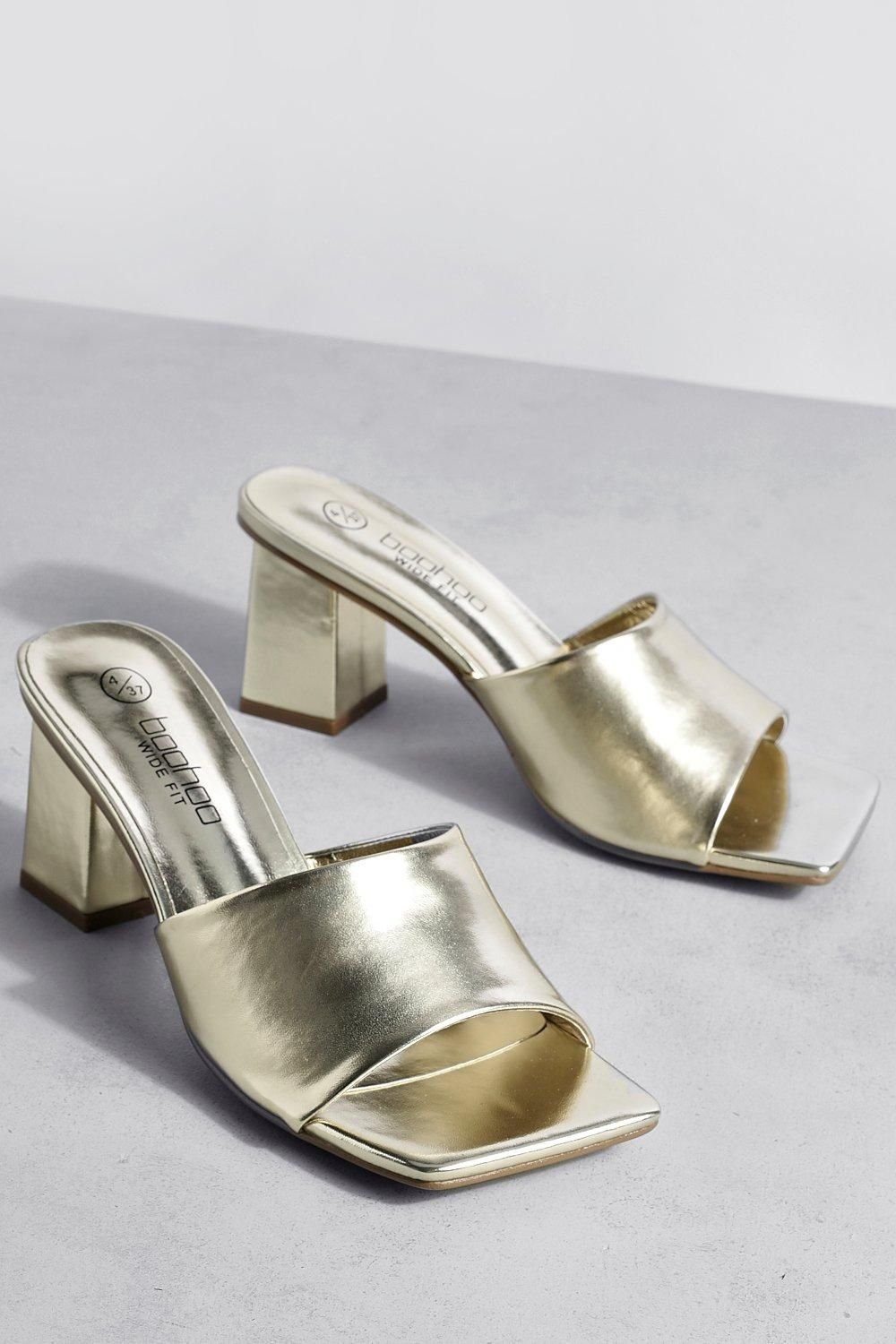 Metallic mules with low block heel