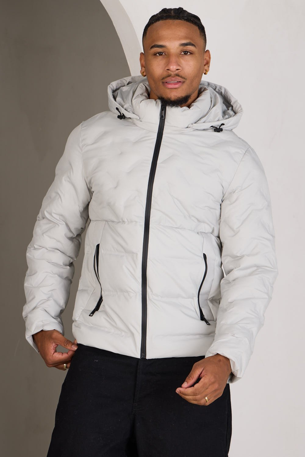Grey chevron-quilted hooded puffer jacket
