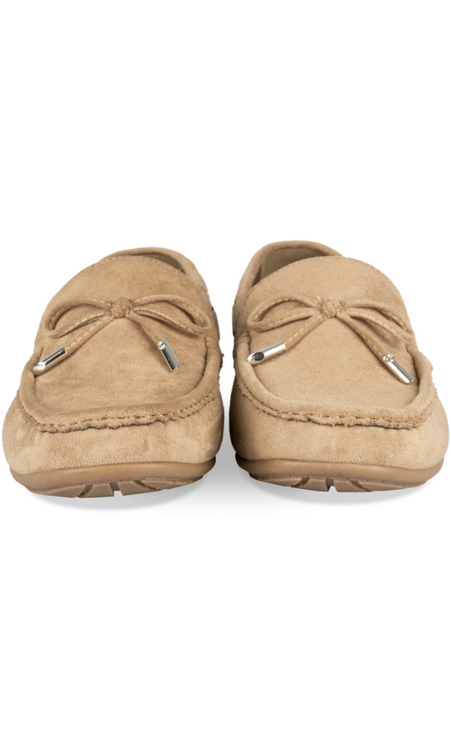 Camel suede-effect bow loafers