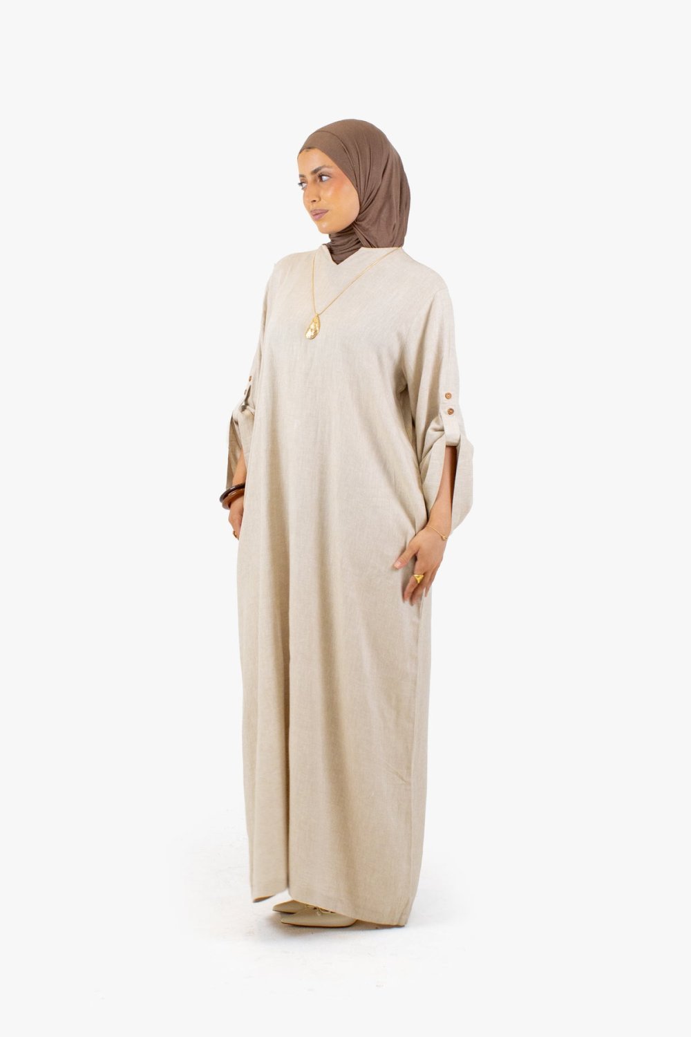 Button-sleeve linen cotton abaya - Beige