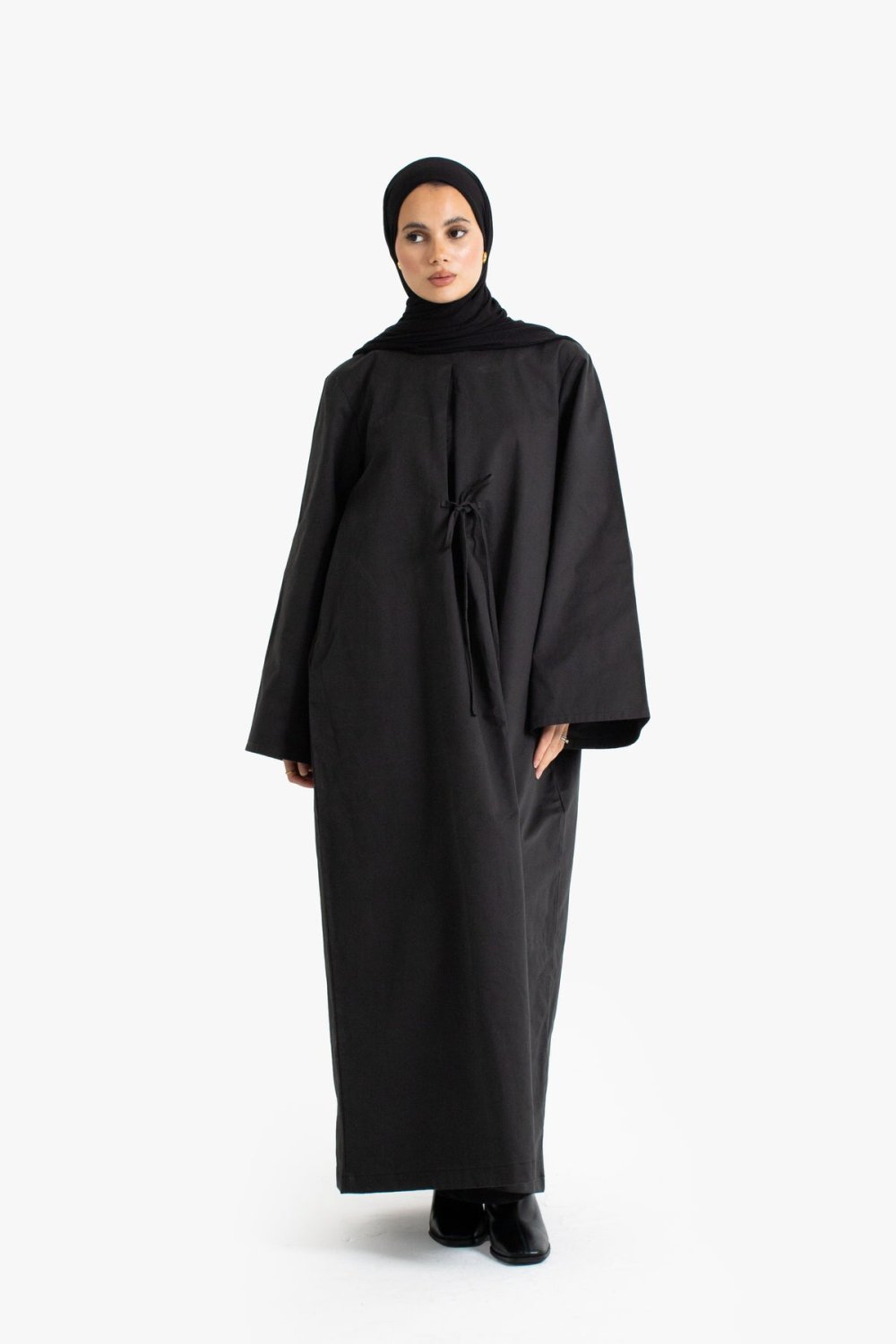 Tie-front cotton twill abaya - Black
