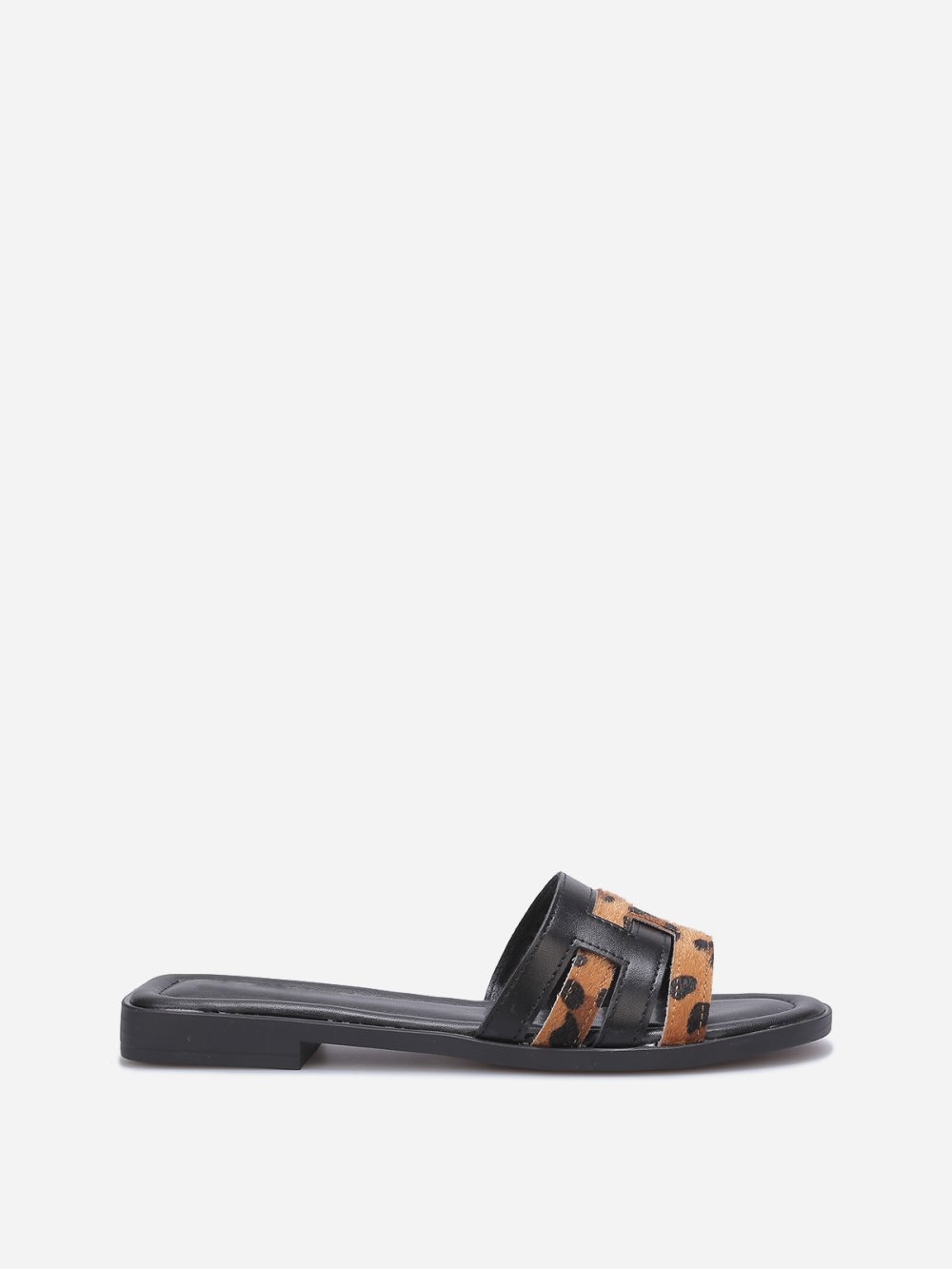 Black flat mules with interlocking straps