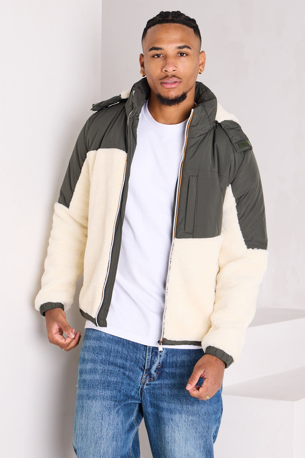 Khaki puffer jacket with shearling-look panel