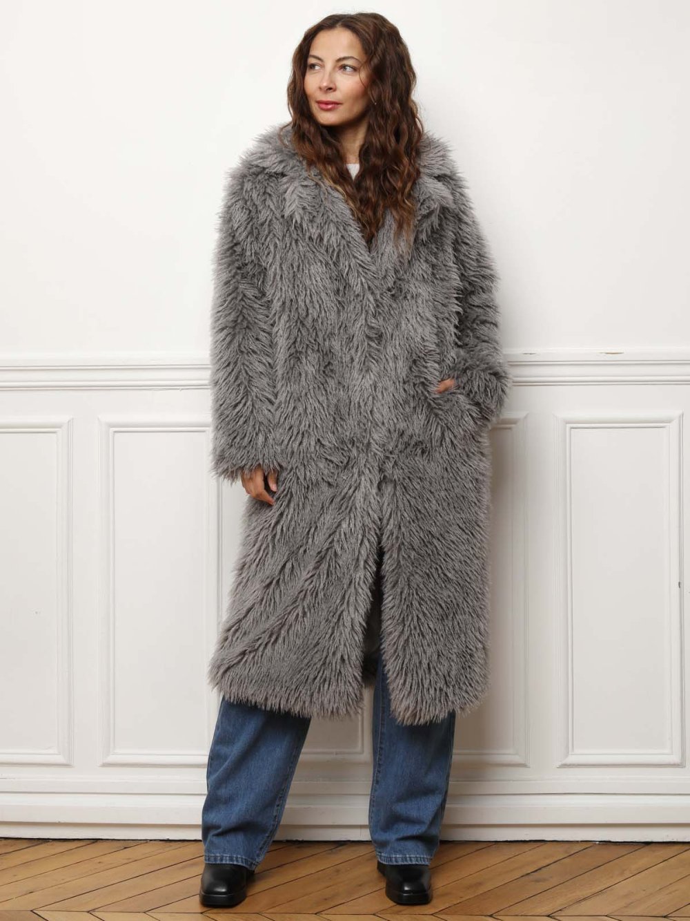 Manteau large b fausse fourrure gris