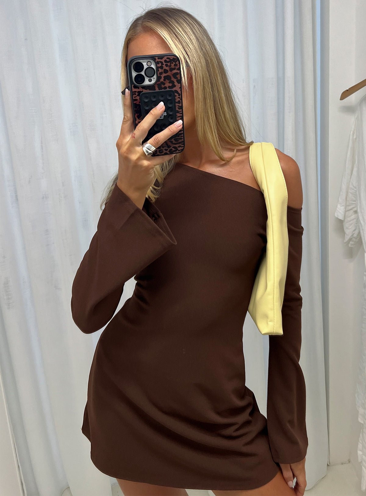 Off-shoulder mini dress with flared sleeves