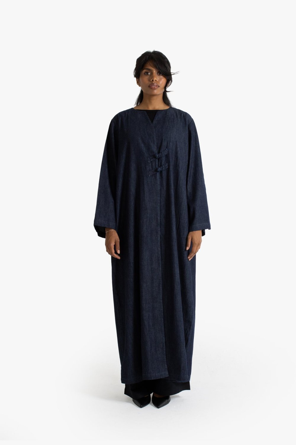Open frog-button denim abaya - Navy