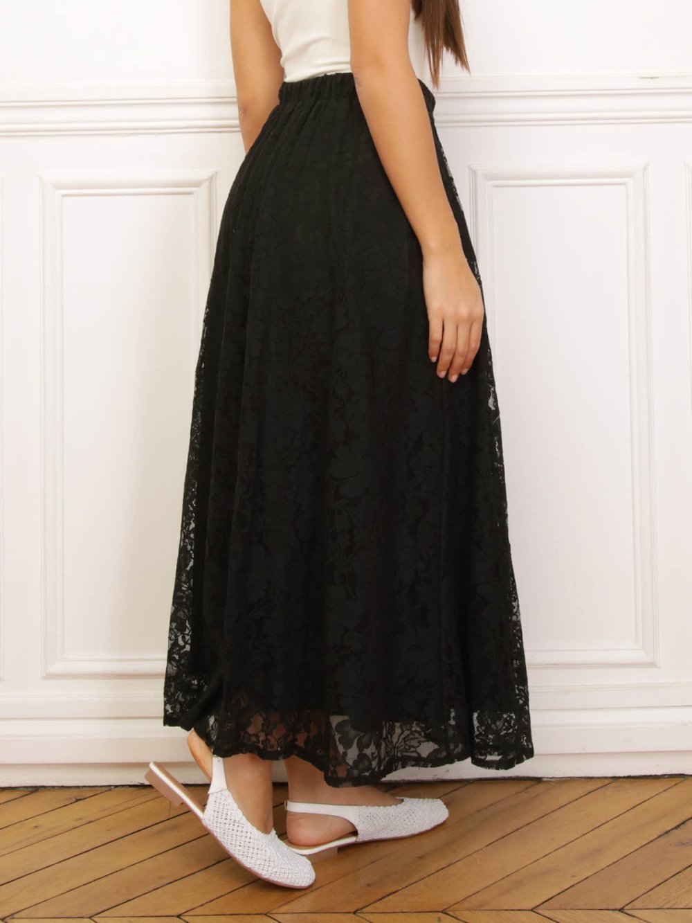 Black pleated lace maxi skirt