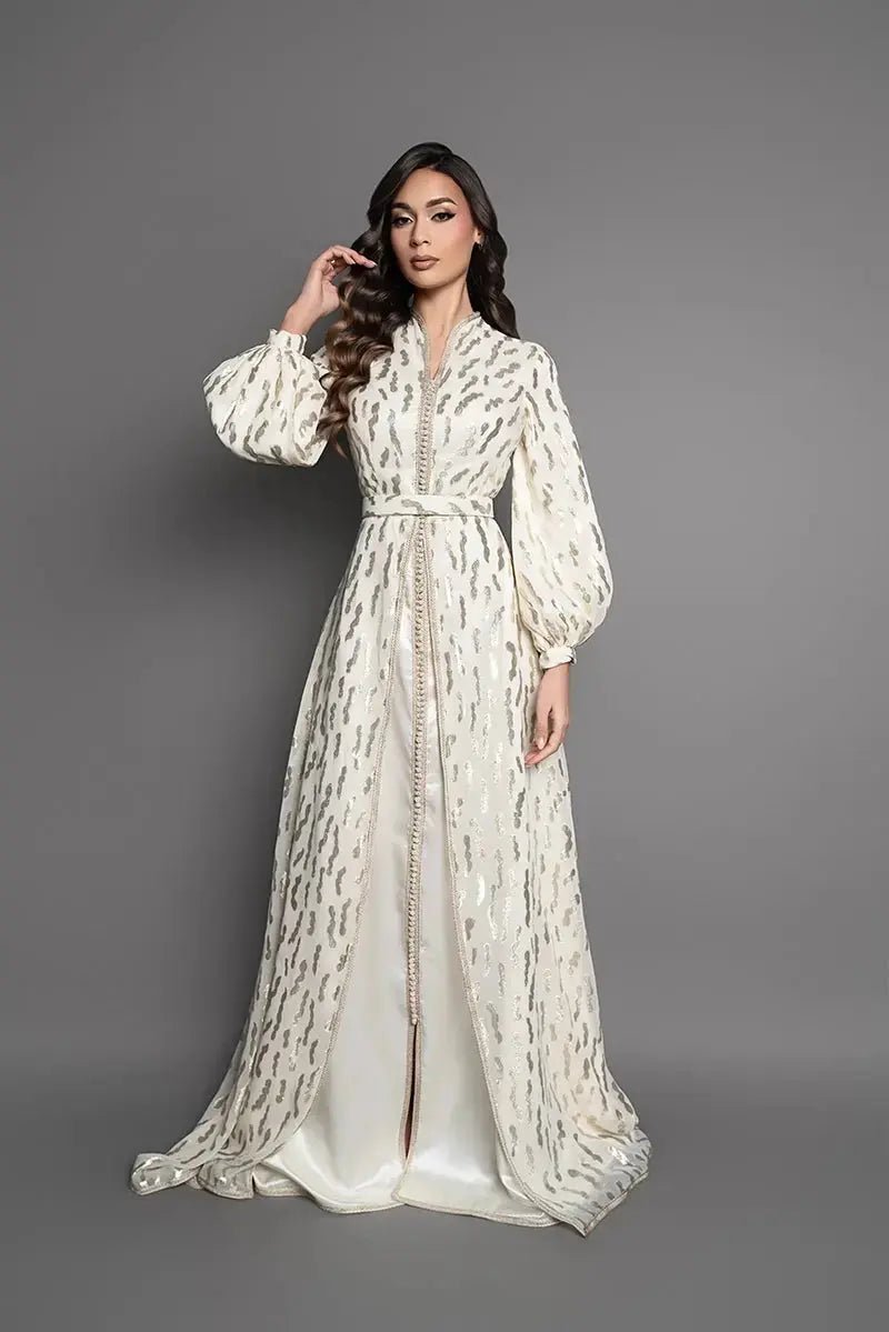 Swan-neck caftan with puff sleeves in ivory