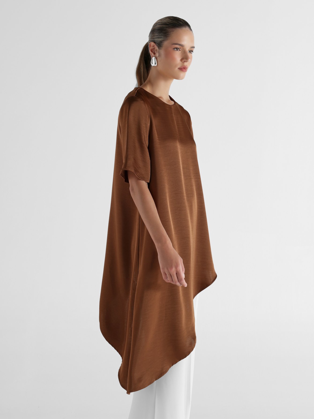Oversized satin tunic blouse with asymmetric hem