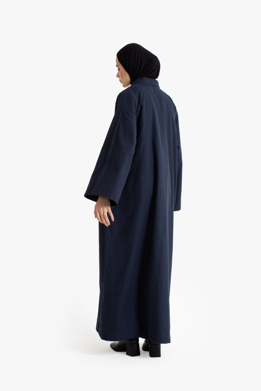 Textured cotton collared abaya - Navy