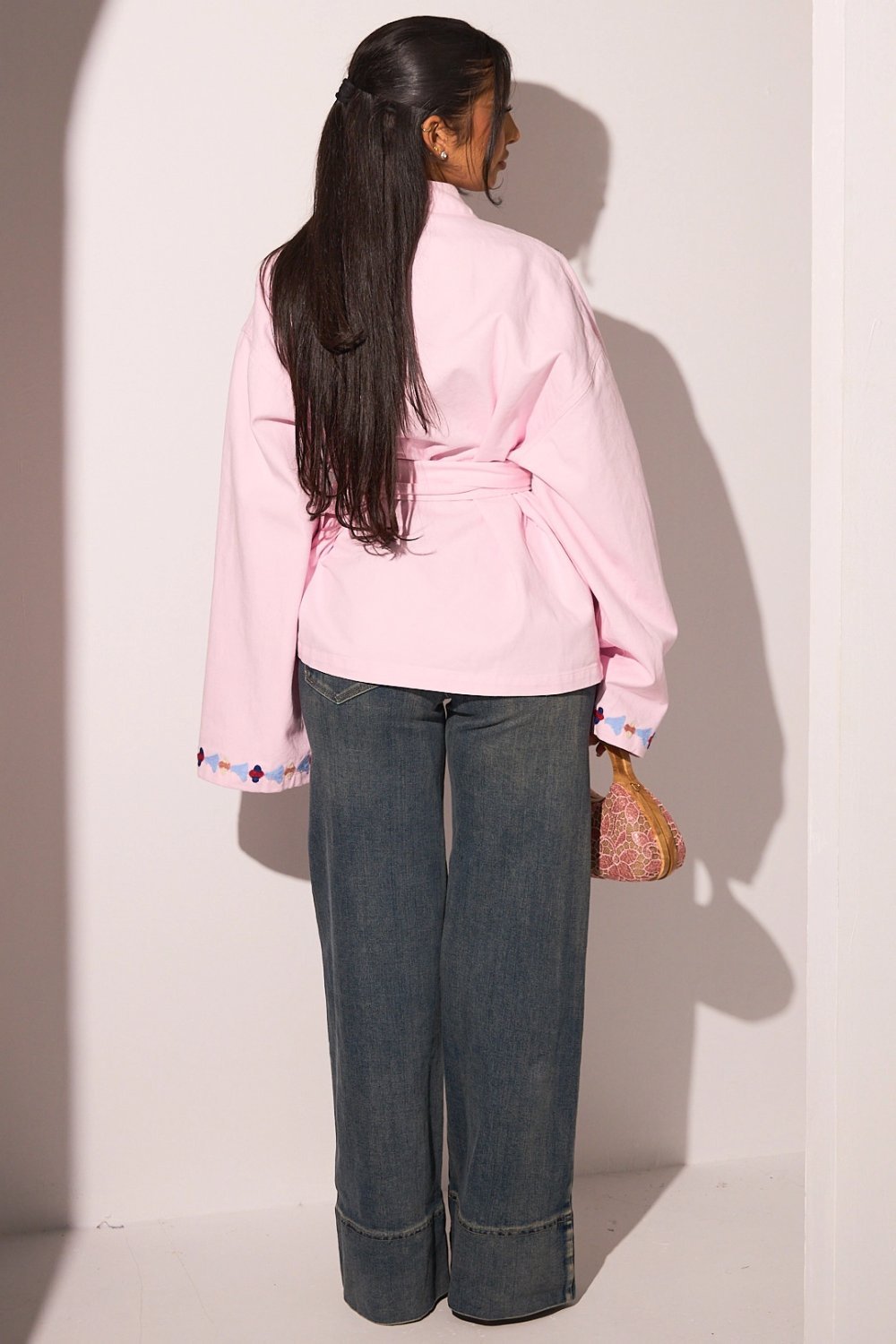 Pink belted kimono jacket with floral embroidery