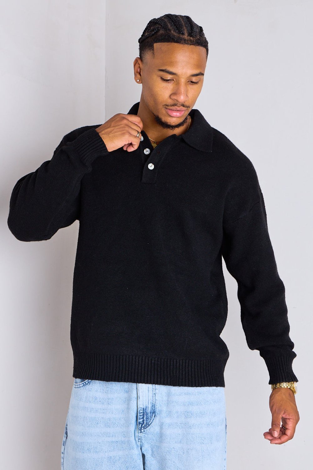 Black wool-blend jumper with shirt collar