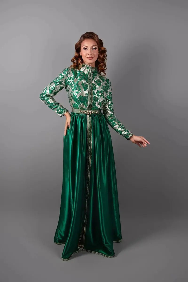 Gold brocade and pine green satin kaftan