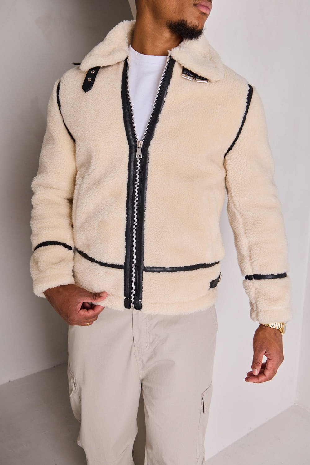 Beige shearling-look aviator jacket