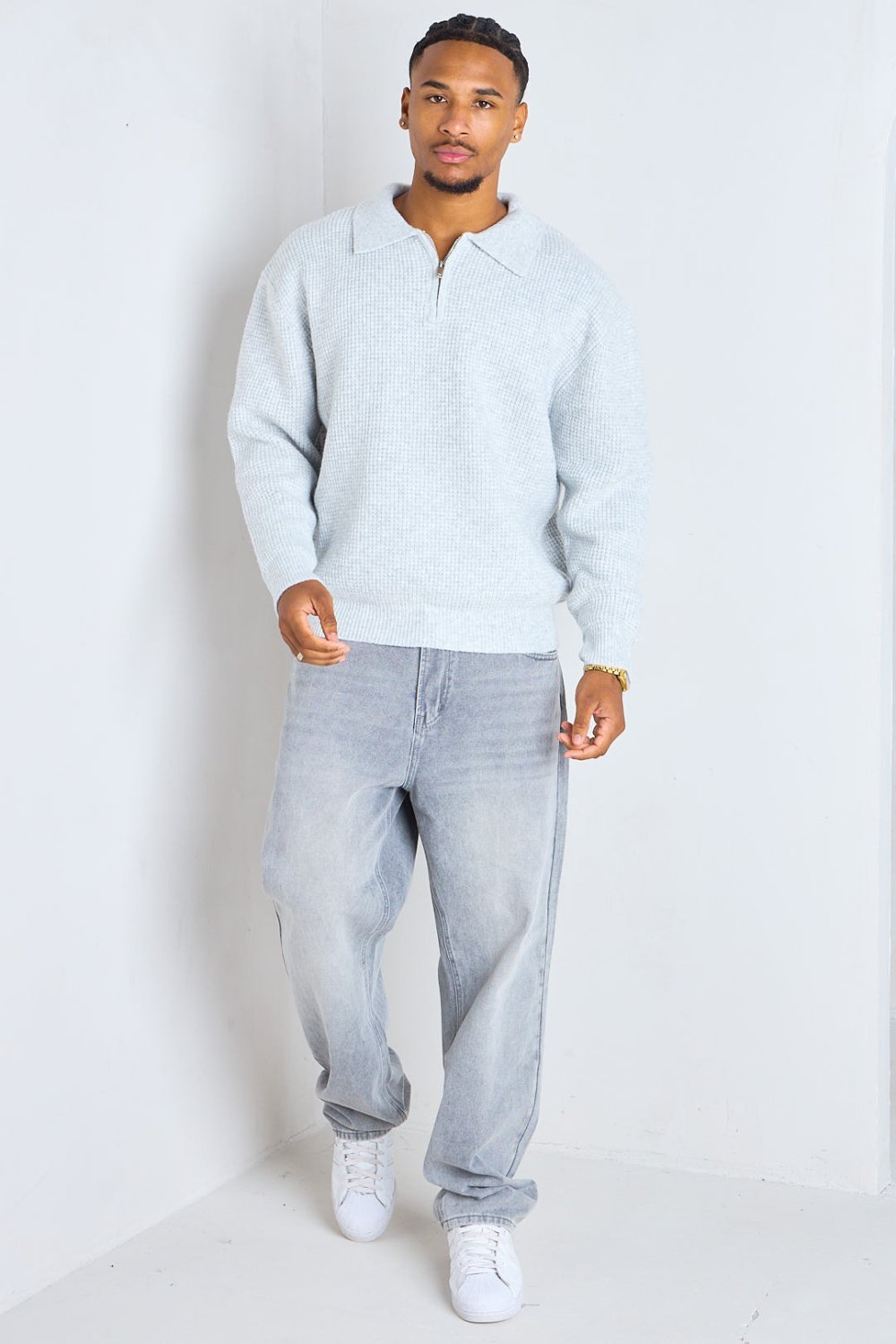 Pull col polo b zip gris clair