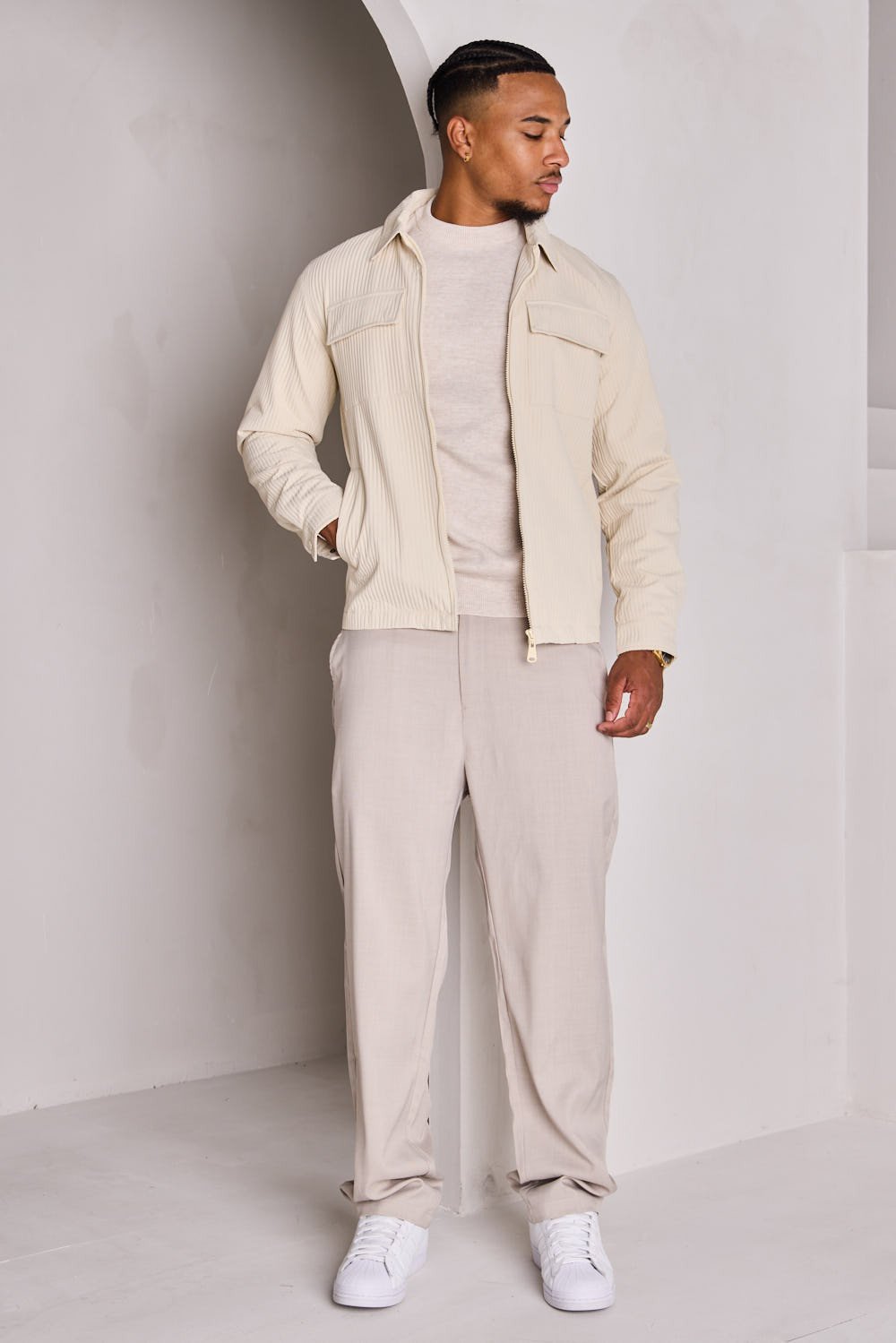 Veste côtelée beige b zip w col rabat