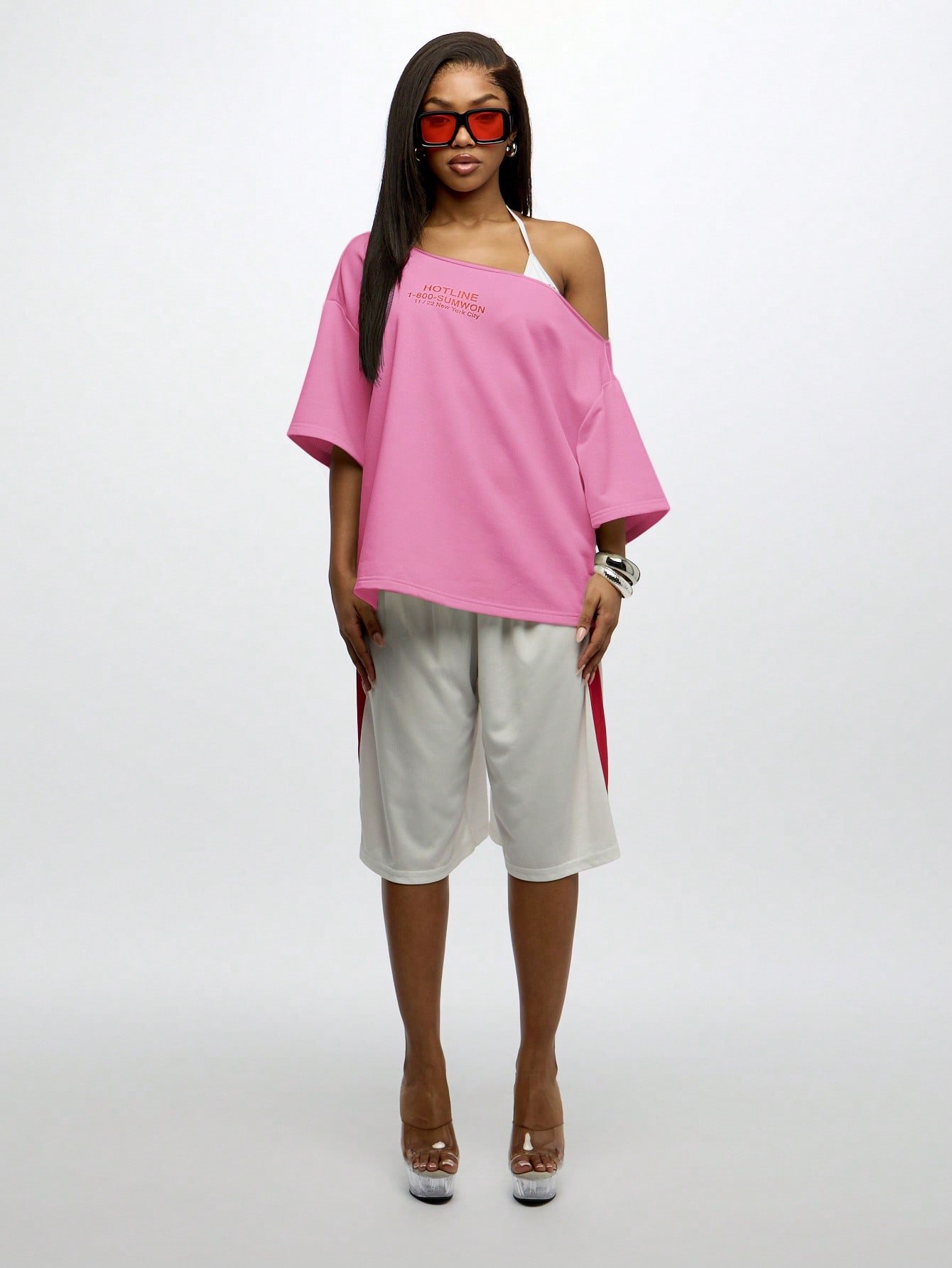 Loose off-shoulder graphic text print T-shirt