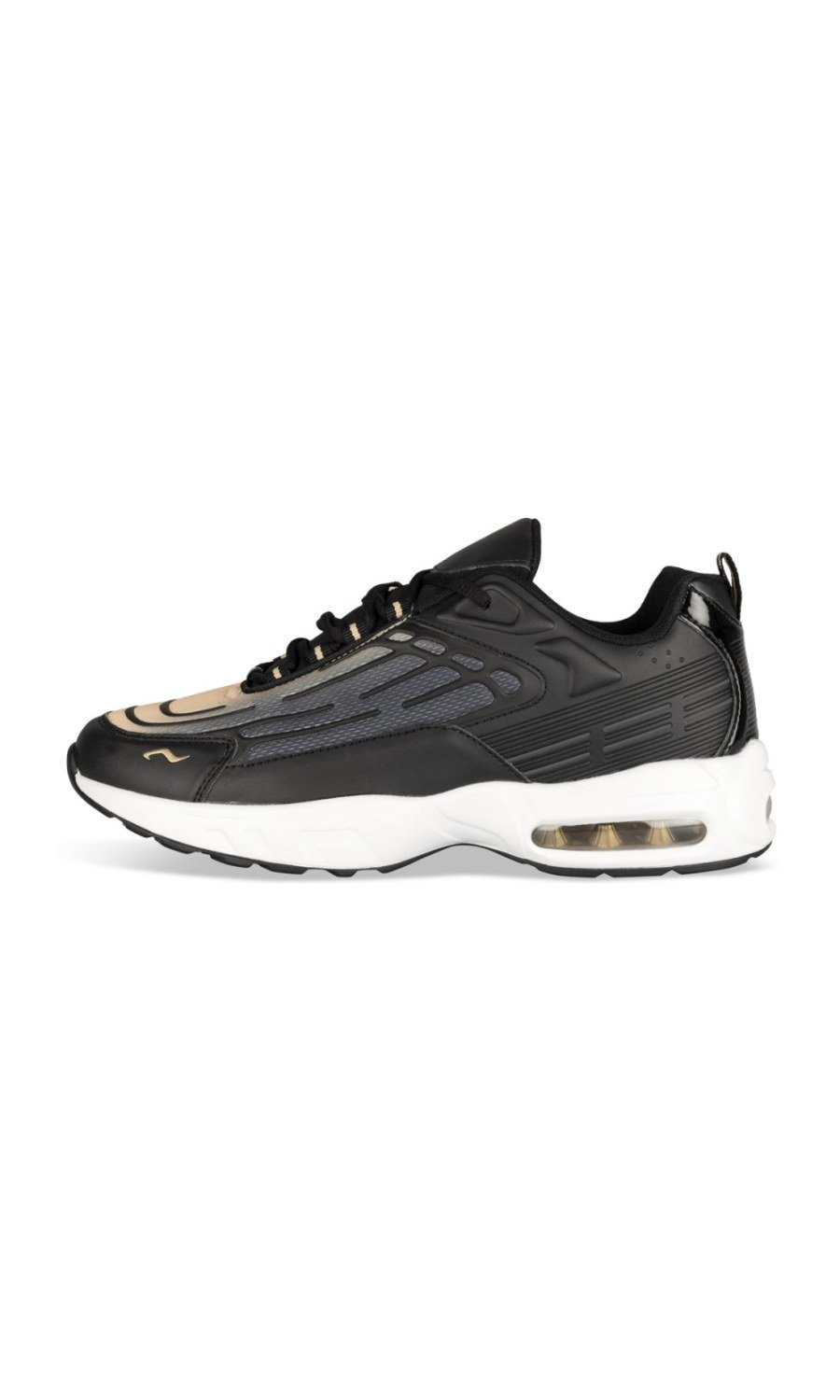 Black and gold retro sneakers with air bubble sole