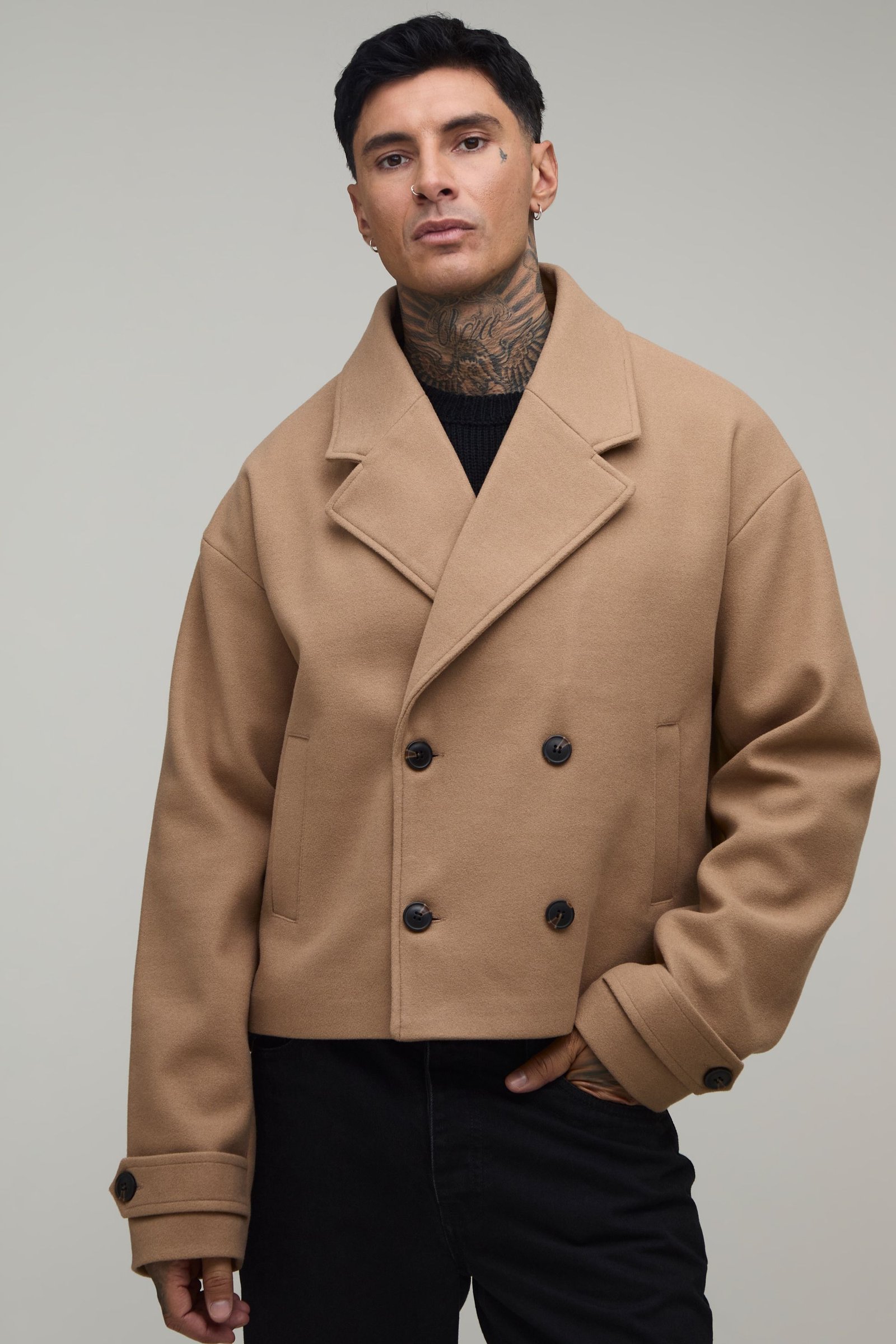 Tall Cropped Melton Wool Look Pea Coat