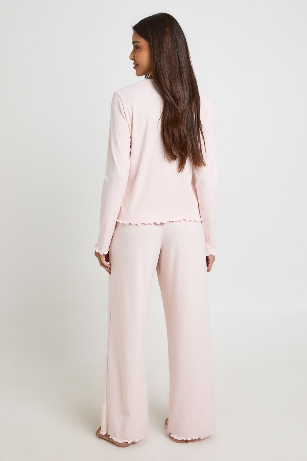 Ribbed top and trouser pyjama set with lettuce hem