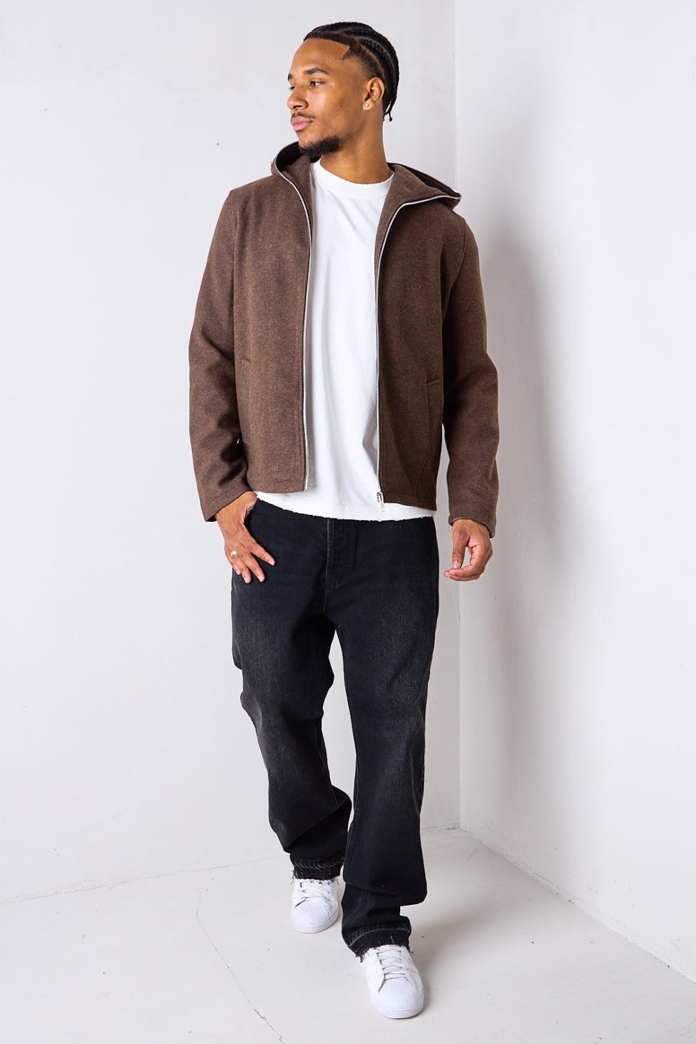 Brown lined hooded zip-up short jacket