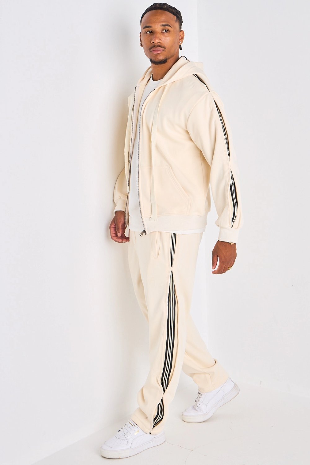 Beige hooded tracksuit with stripes