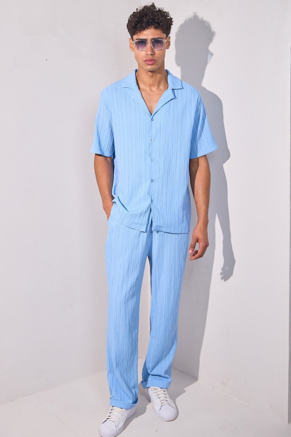 Blue pleated shirt and trousers set