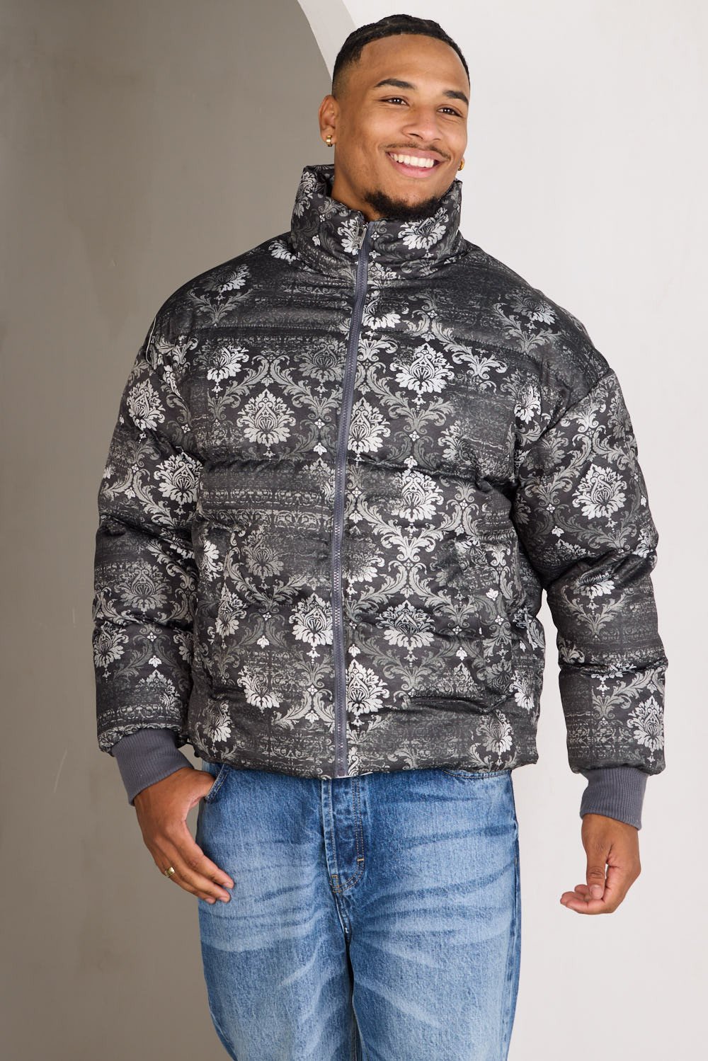Green baroque-print puffer jacket
