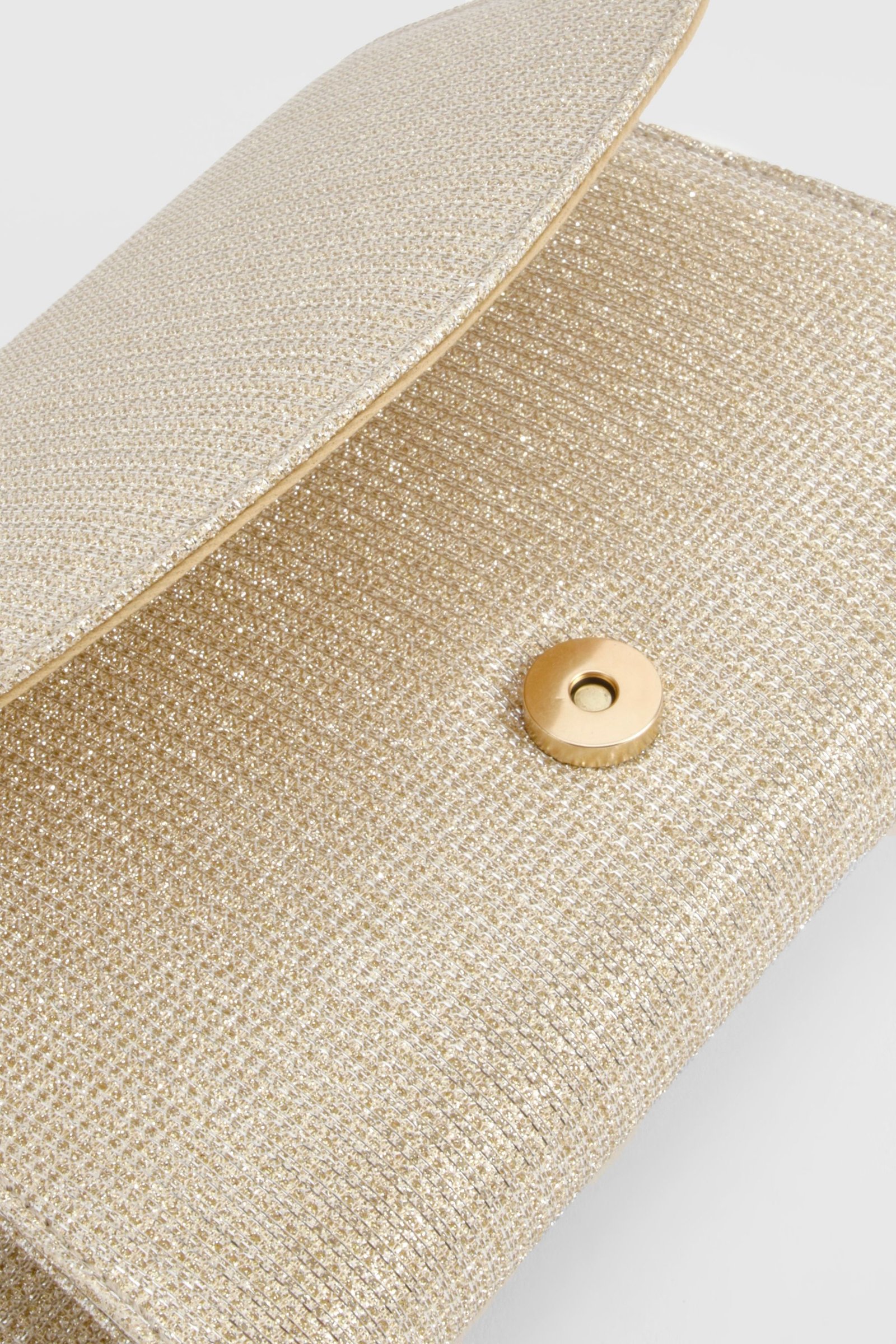 Gold glitter envelope clutch
