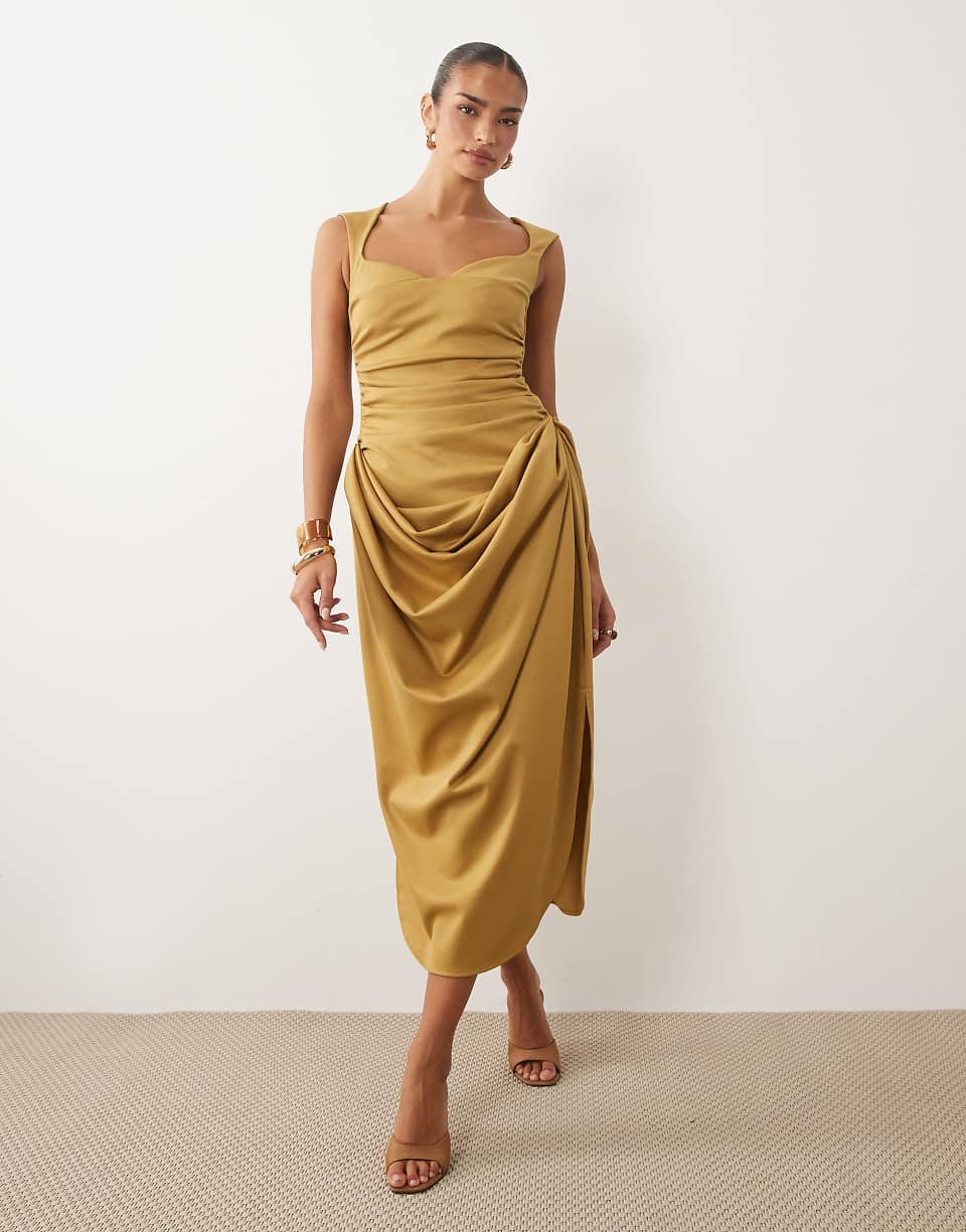 Robe midi structurée style bandage b jupe drapée imitation néoprène - Olive doré