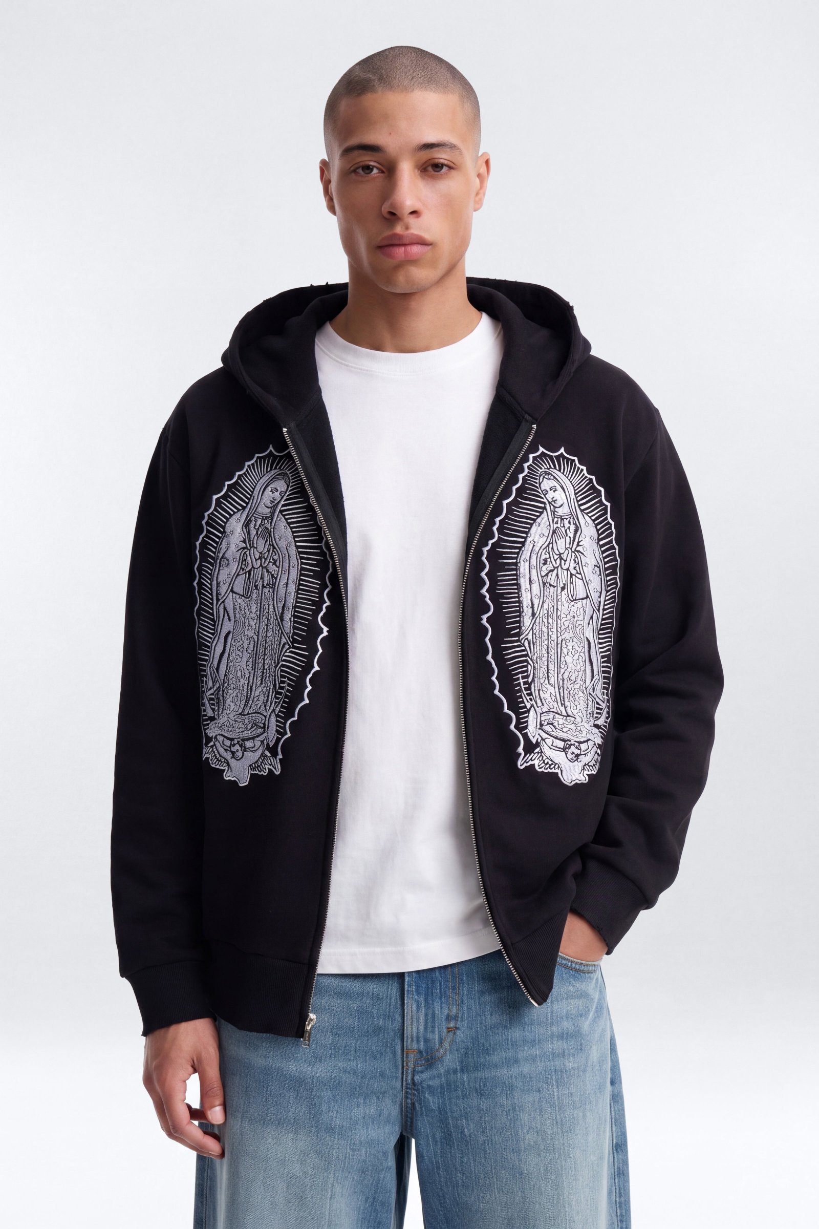 Sweat à capuche zippé oversize délavé à écusson