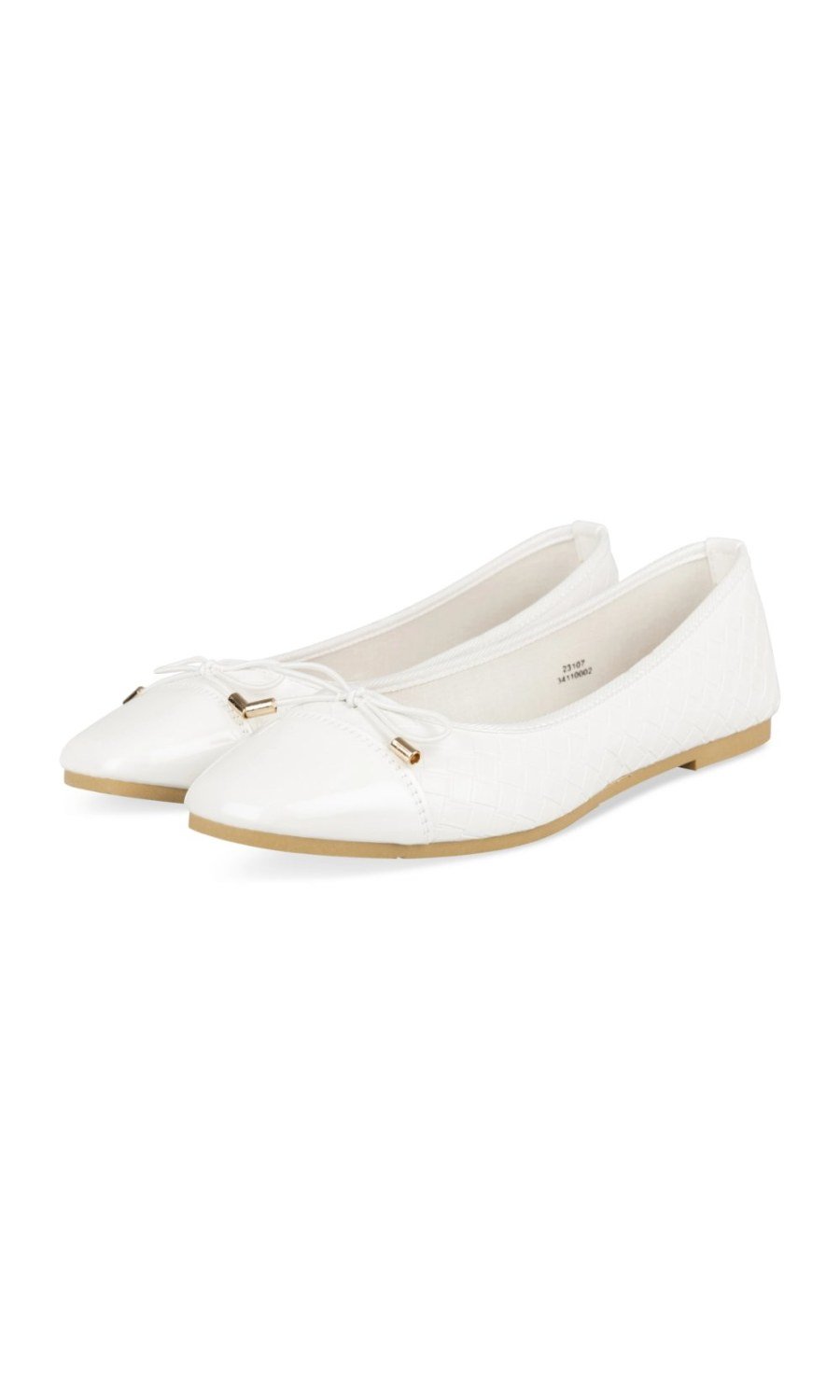 White woven-texture bow ballerinas