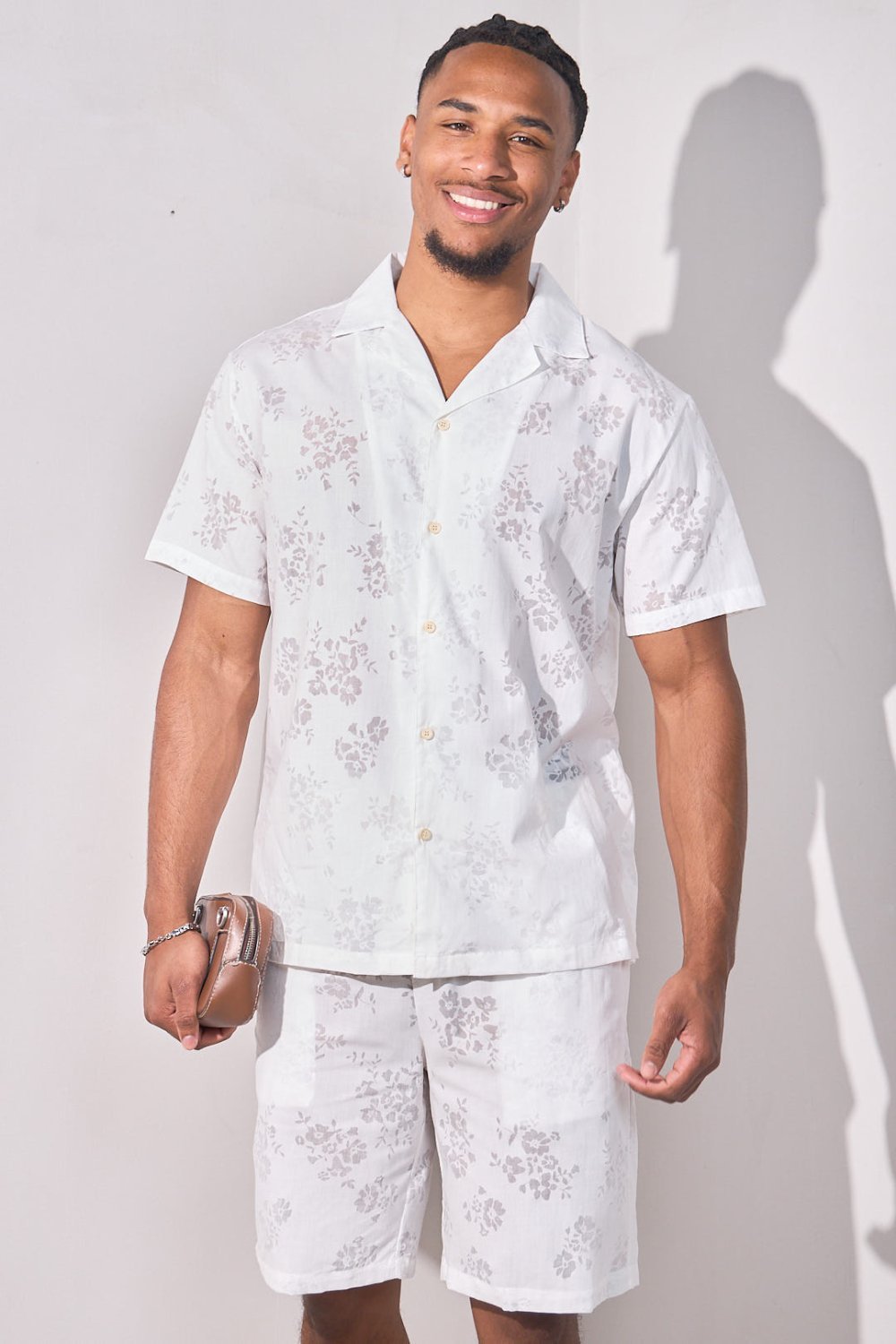 White sheer-flower shirt and shorts set