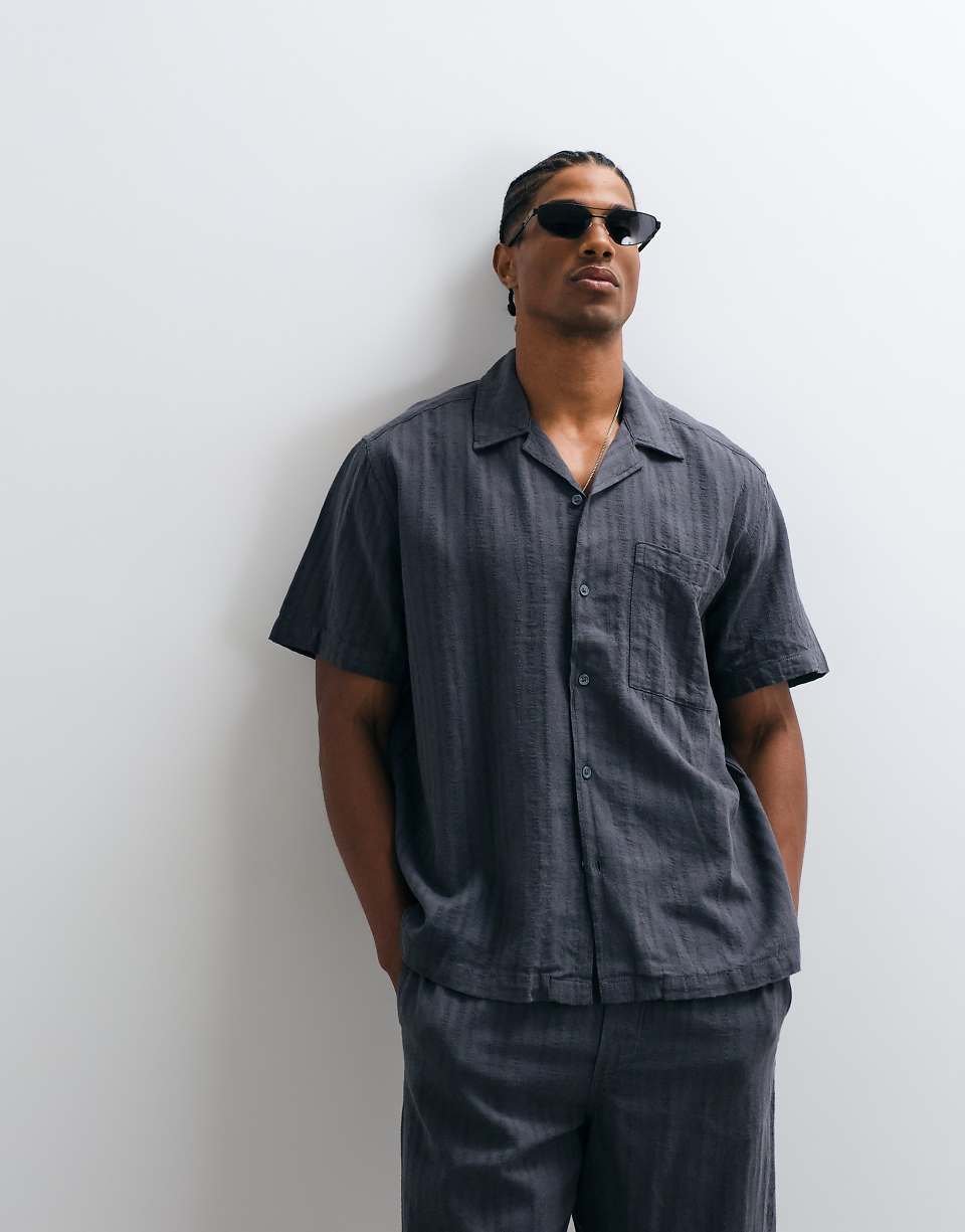 Chemise texturée à manches courtes en mélange de lin coordonnée bleu délavé