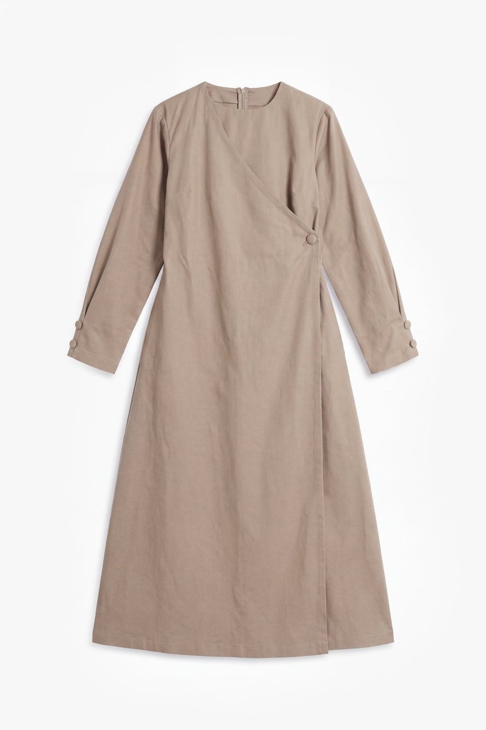 Cotton Tencel side-button wrap dress - Beige