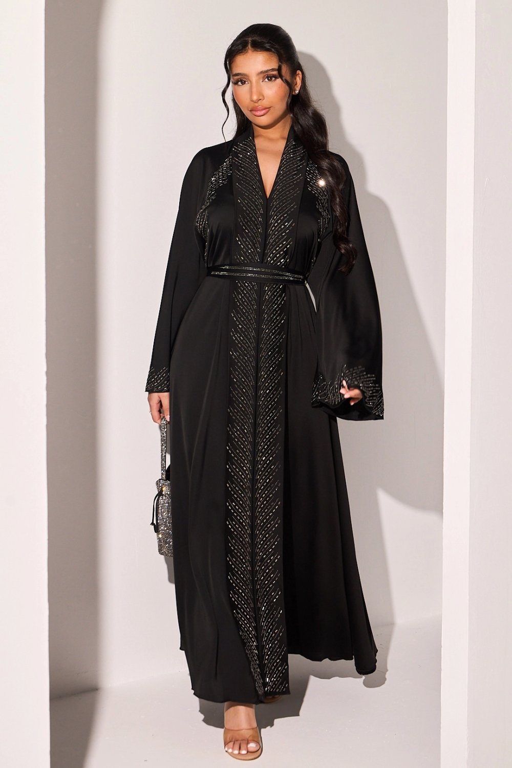 Black abaya with rectangle rhinestone stripes