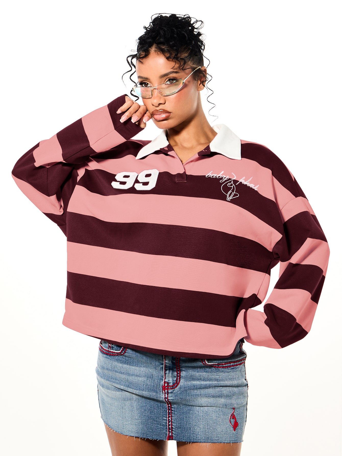 Top Polo De Rugby Rayé Oversize Avec Graphique De Numéro