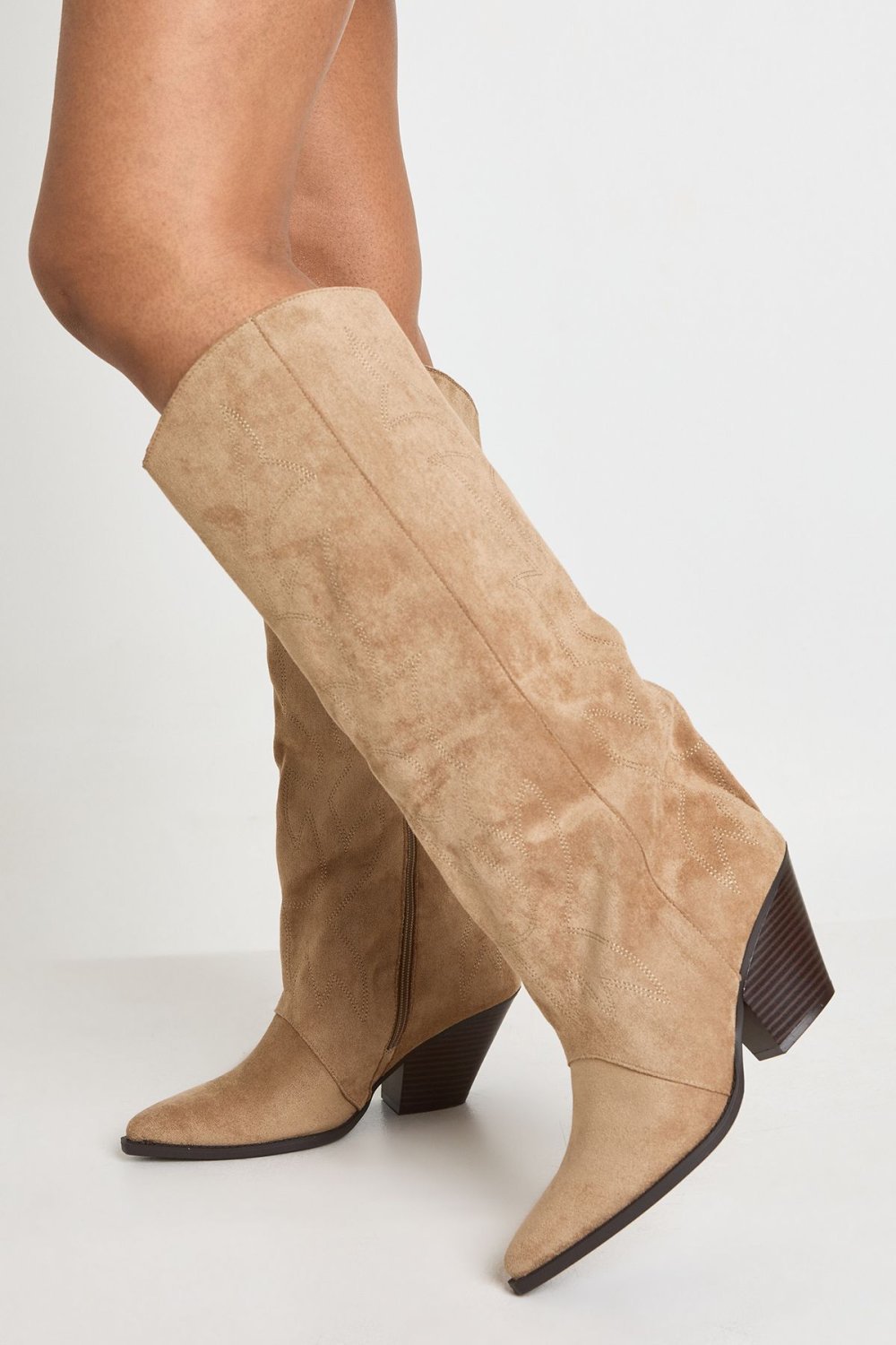 Embroidered faux suede western boots