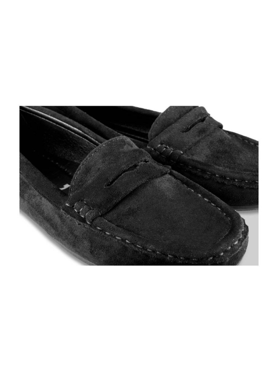 Black faux suede loafers with strap