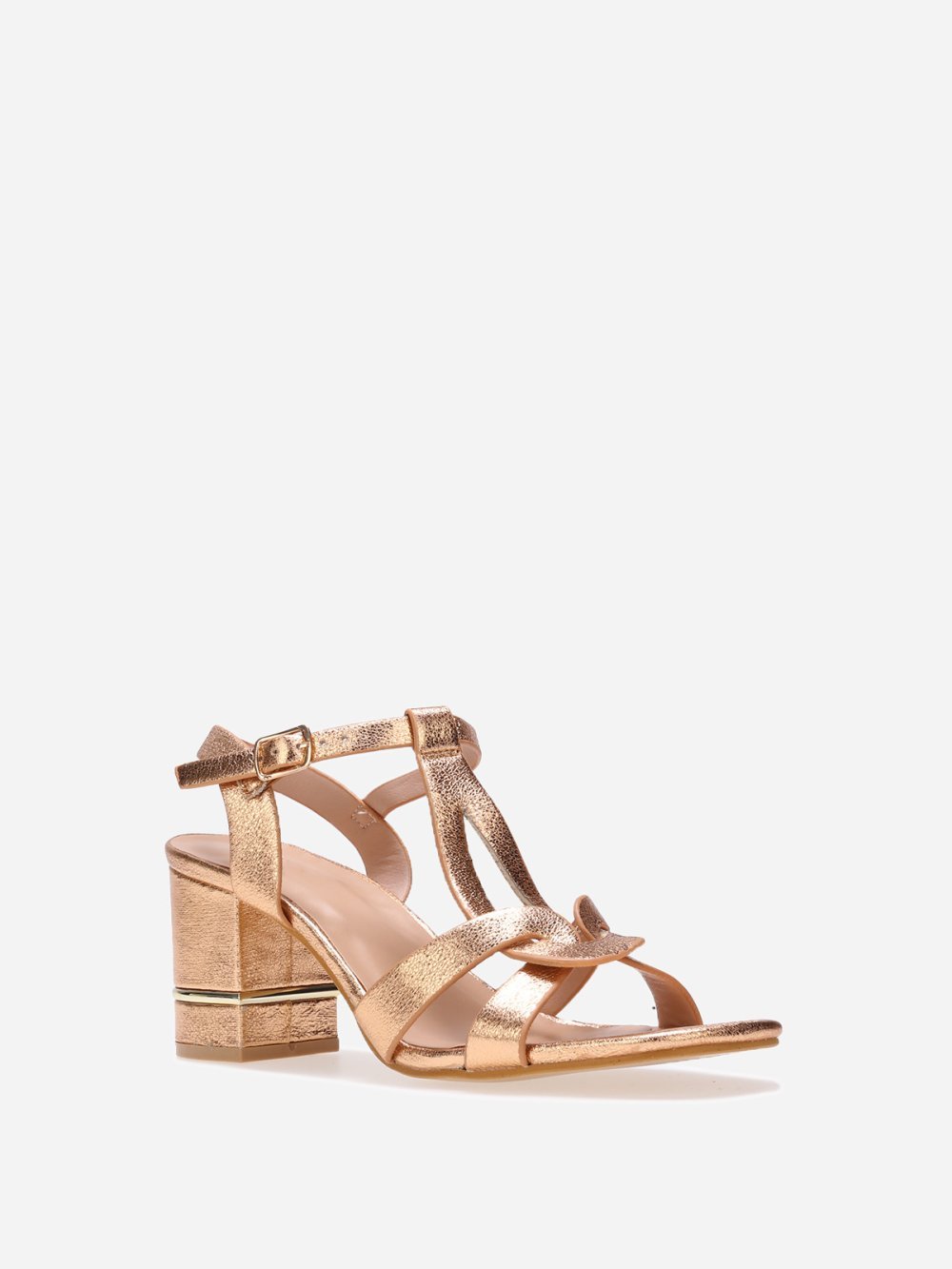 Sandala b talon carré métallique doré rose