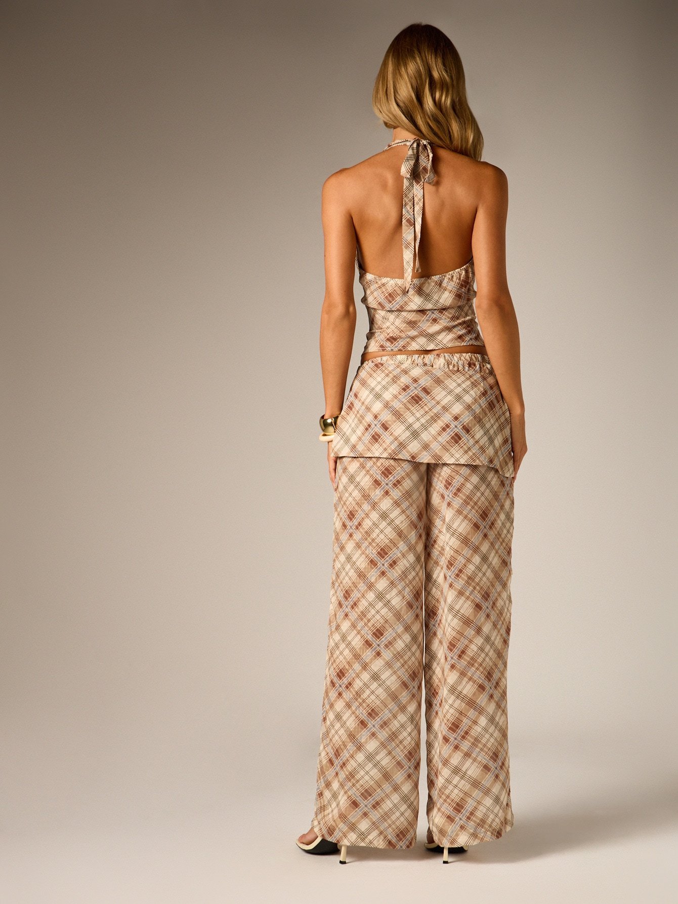 Ensemble crop top col bénitier w palazzo carreaux