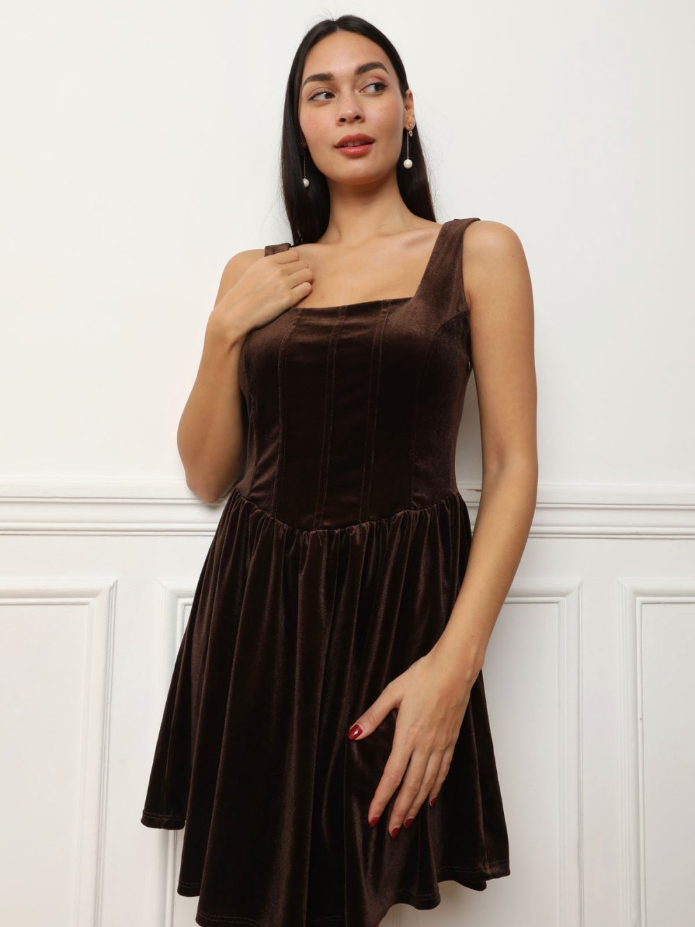 Brown velvet corset skater dress