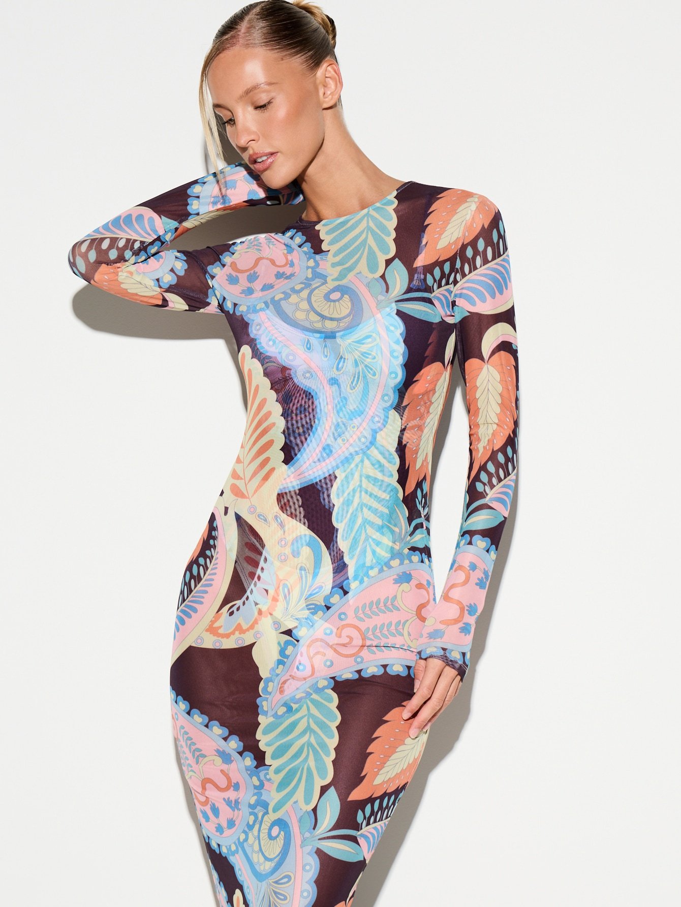 Semi-sheer paisley mesh bodycon dress