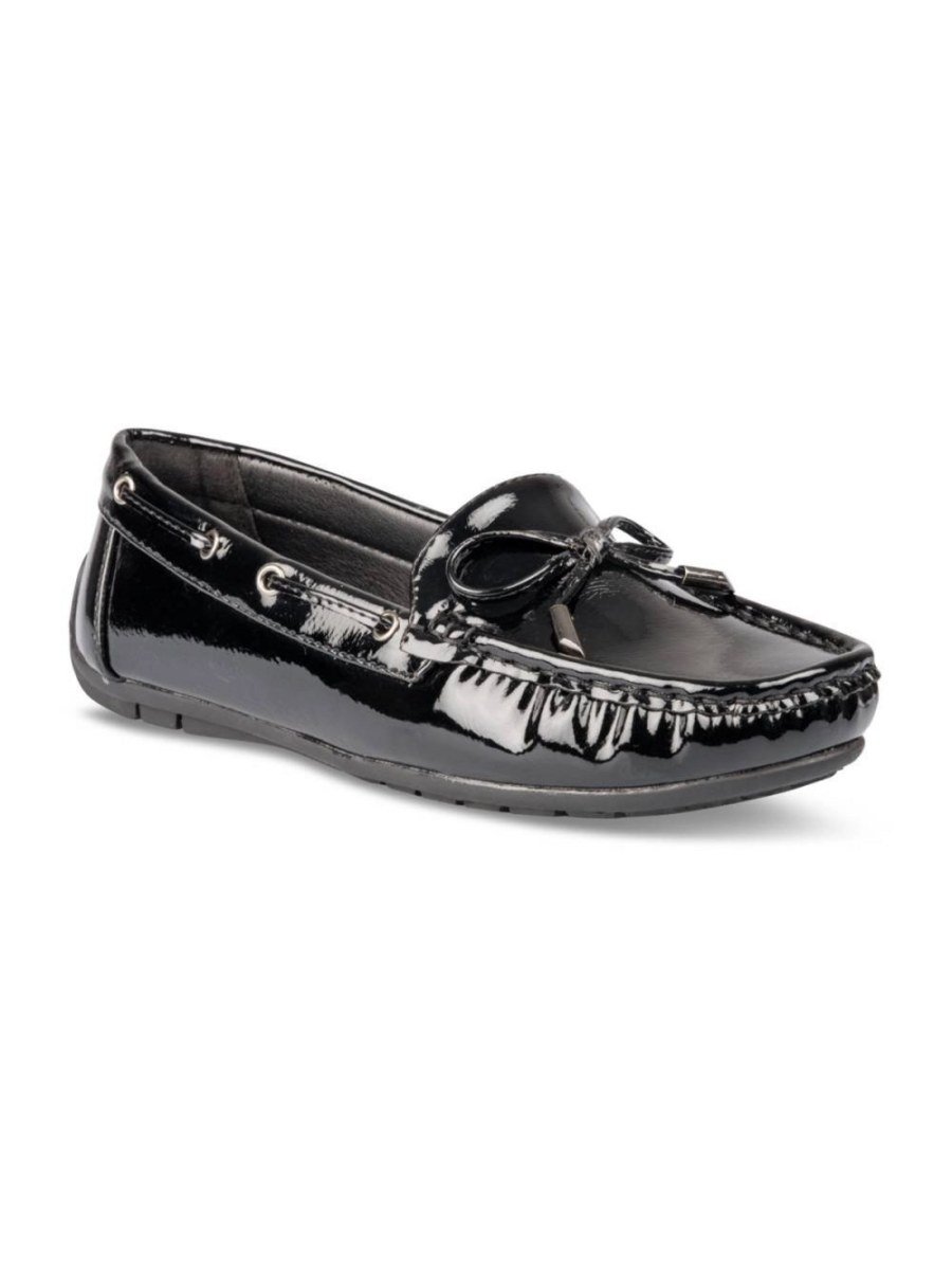 Black patent loafers with bow