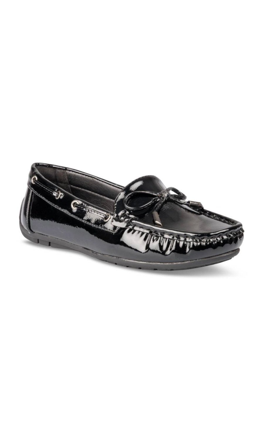 Black patent loafers with bow