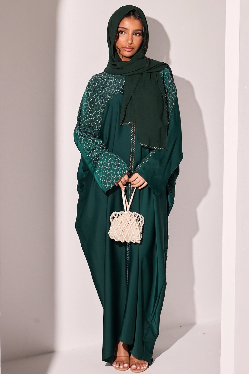 Dark green abaya with leaf rhinestones
