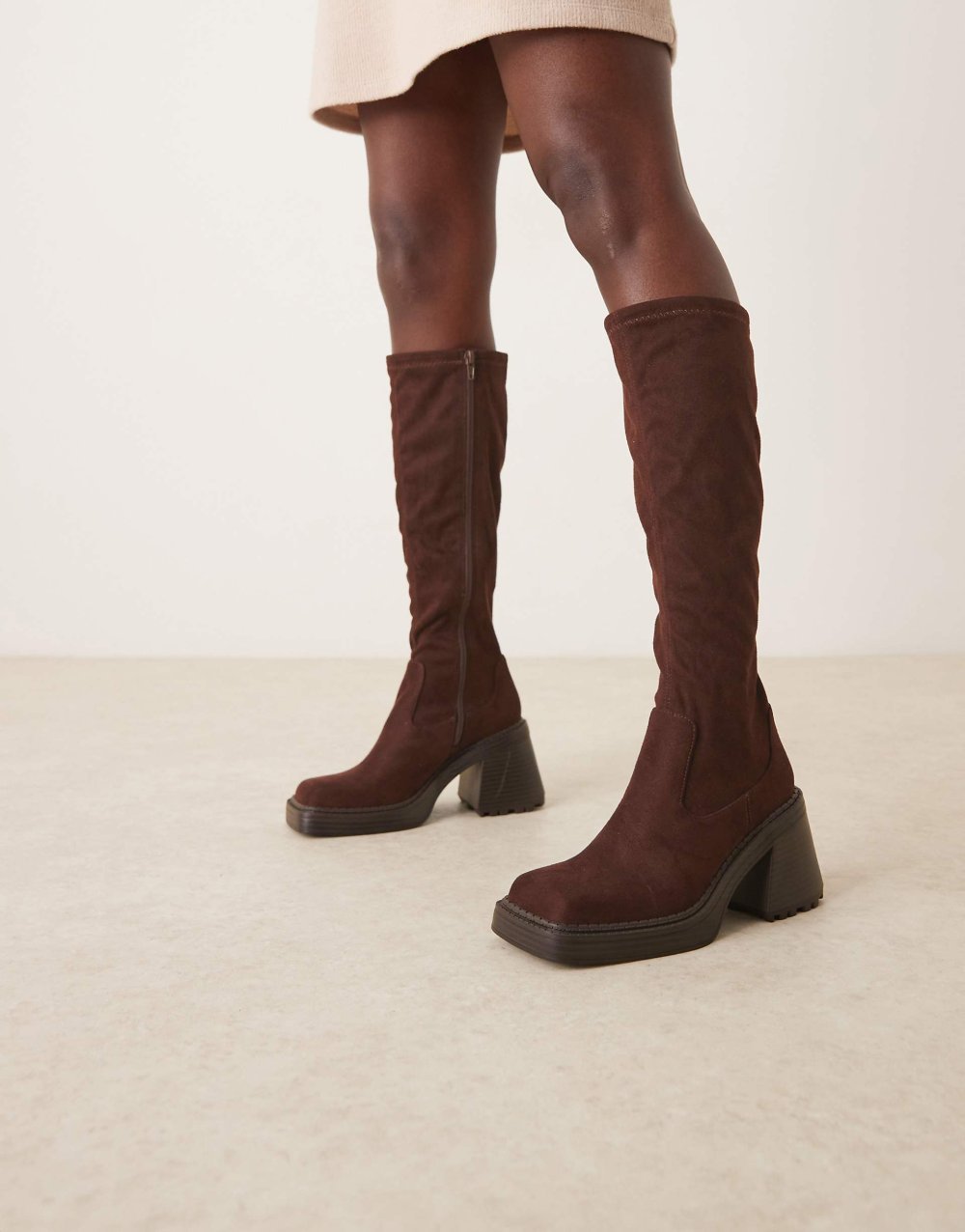 Knee high faux suede heeled boots in chocolate