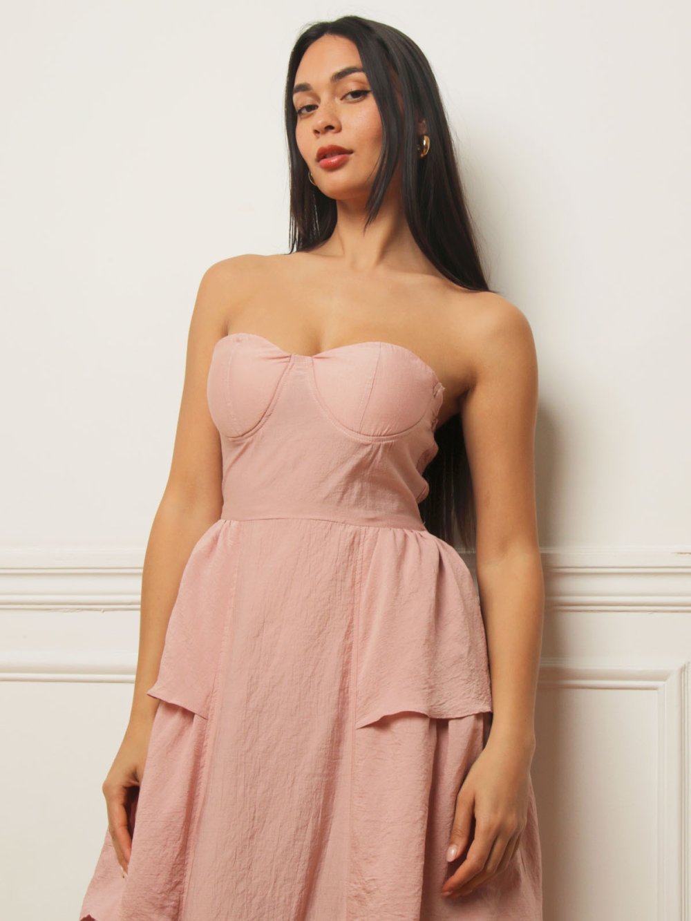 Robe bustier longue à volants rose